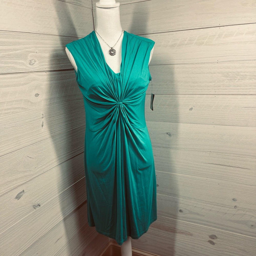 Ellen Tracy Blue Green Gathered Center Dress 8 FREE SHIP - Picture 1 of 5